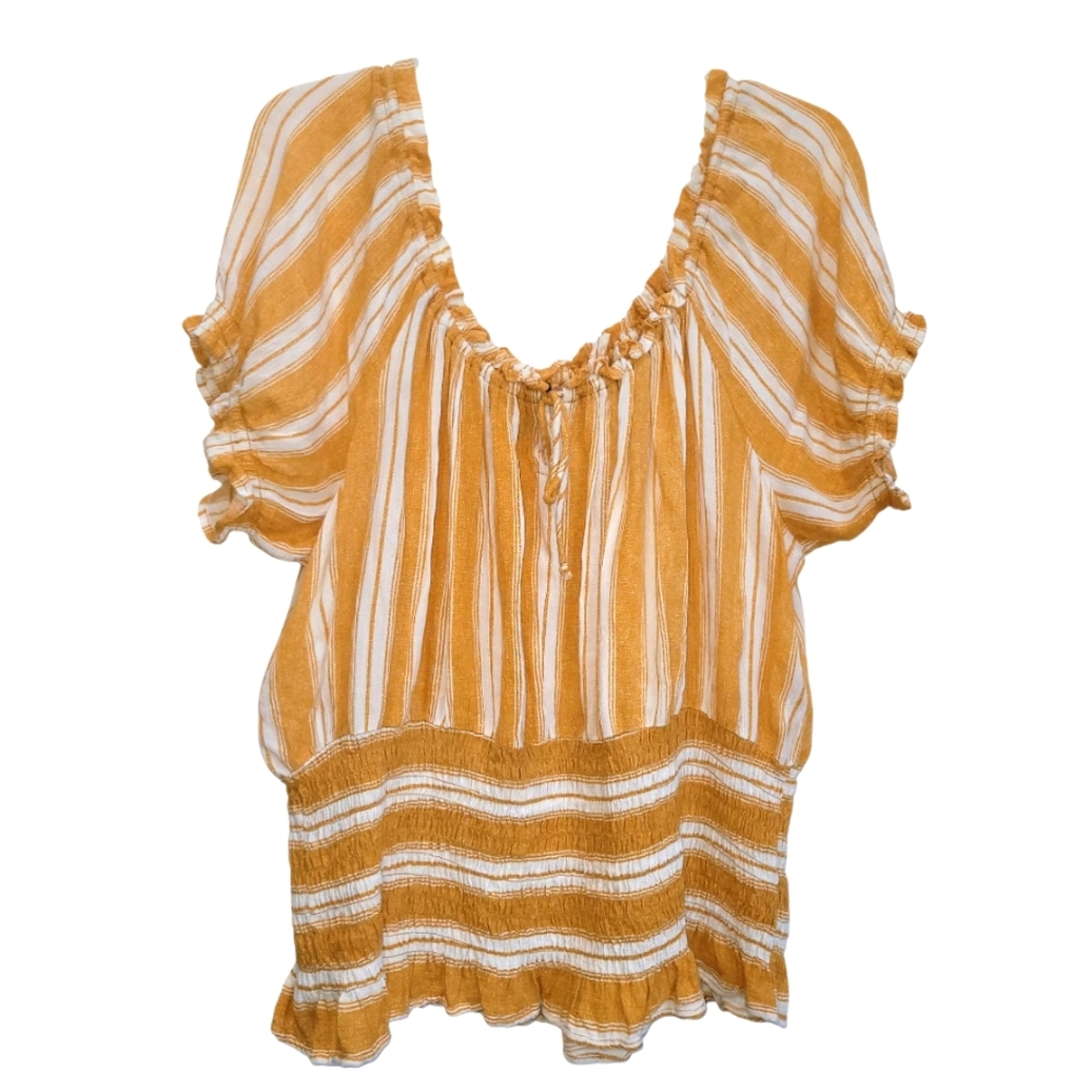 2X Derek Heart Gold and White Stripes Off-Shoulder Smock Waist Blouse